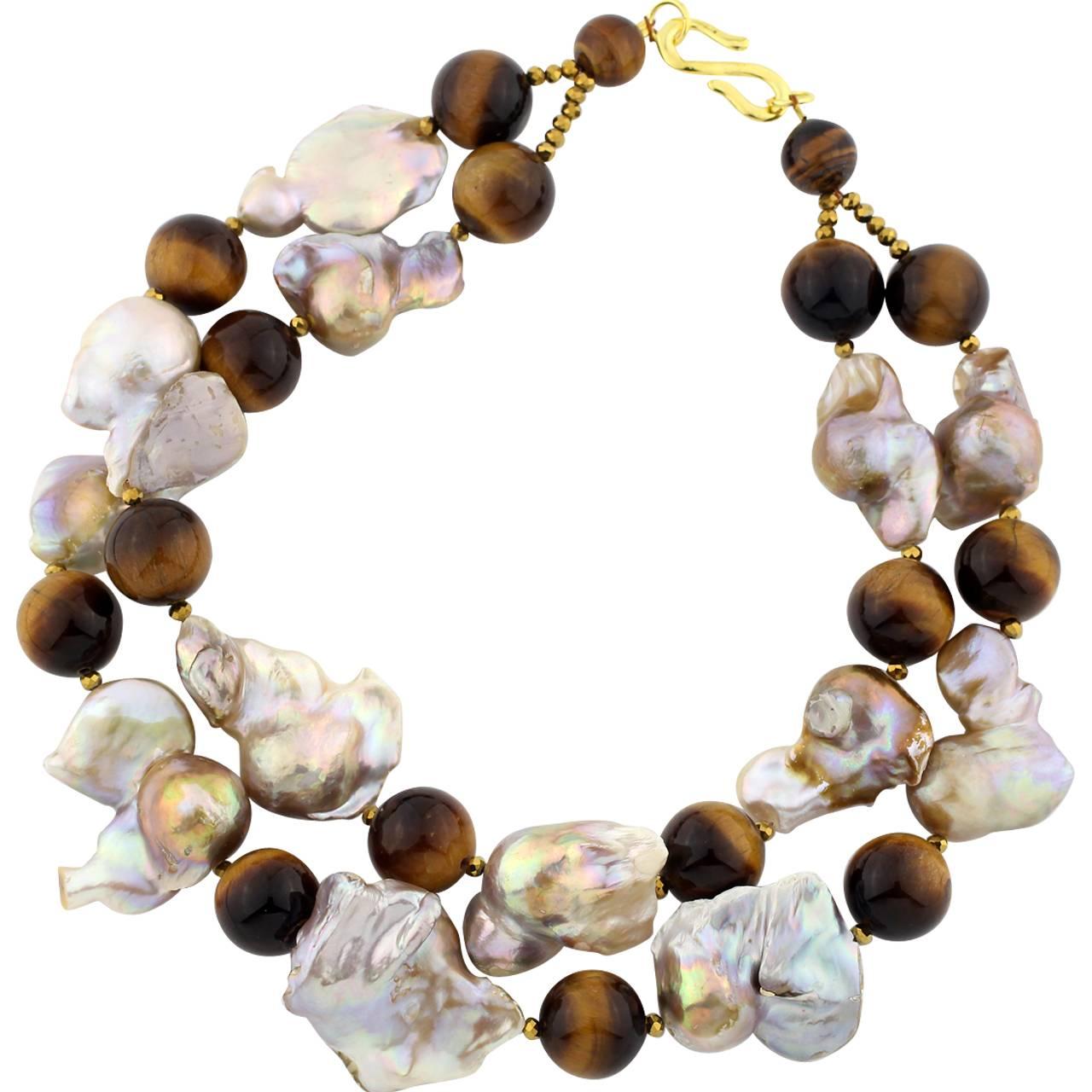 Tiger Eye & Baroque Pearl Double Strand Choker Necklace