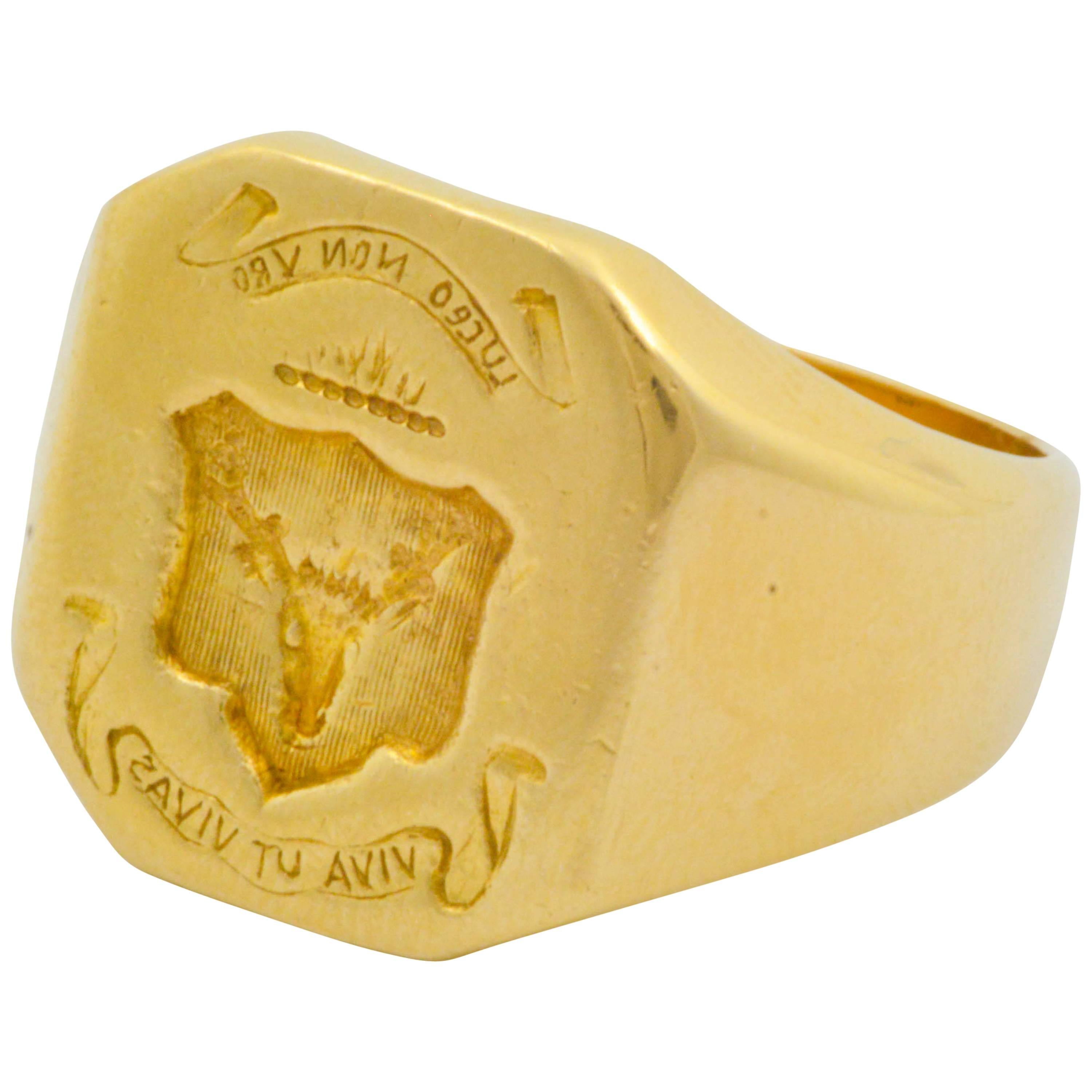 Hand Engraved Gold Crest Ring with Engraved Image of a Stag 