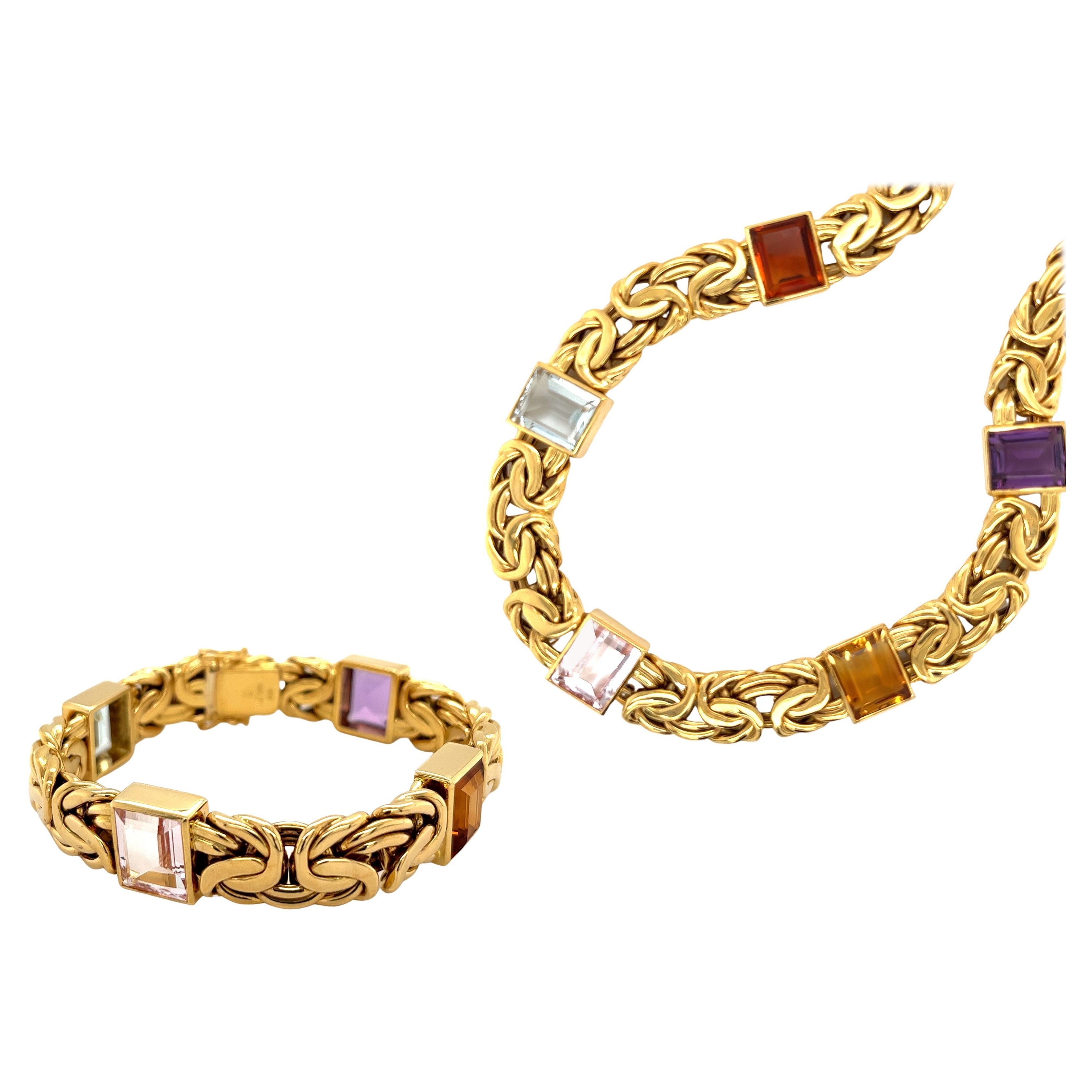 Byzantine Chain 18k Gold Multi Gem Bracelet Necklace Set in 18k Yellow Gold For Sale