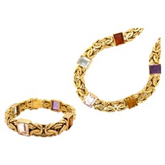 Byzantine Chain 18k Gold Multi Gem Bracelet Necklace Set in 18k Yellow Gold
