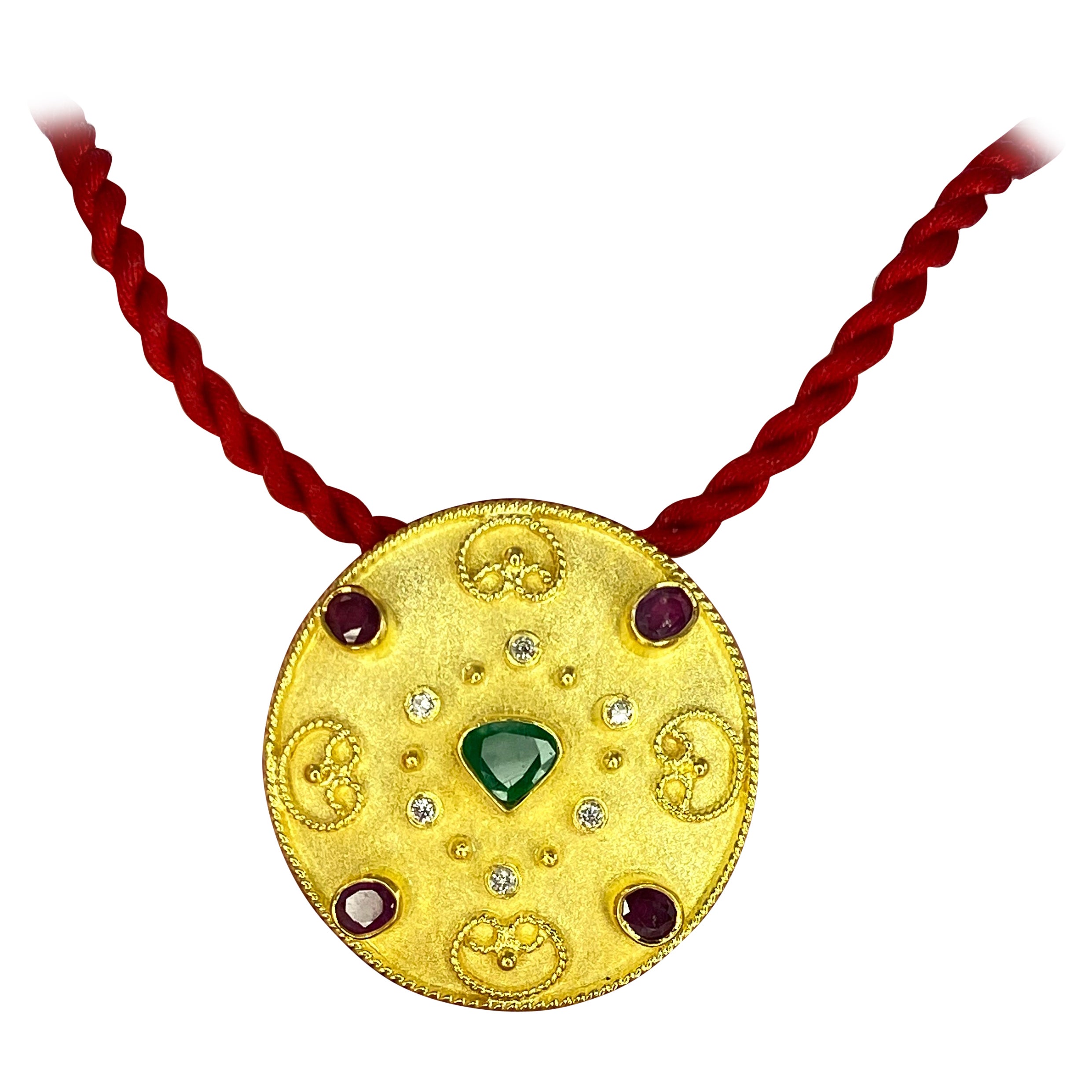 Georgios Collections 18 Karat Yellow Gold Emerald Ruby Diamond Pendant Brooch For Sale