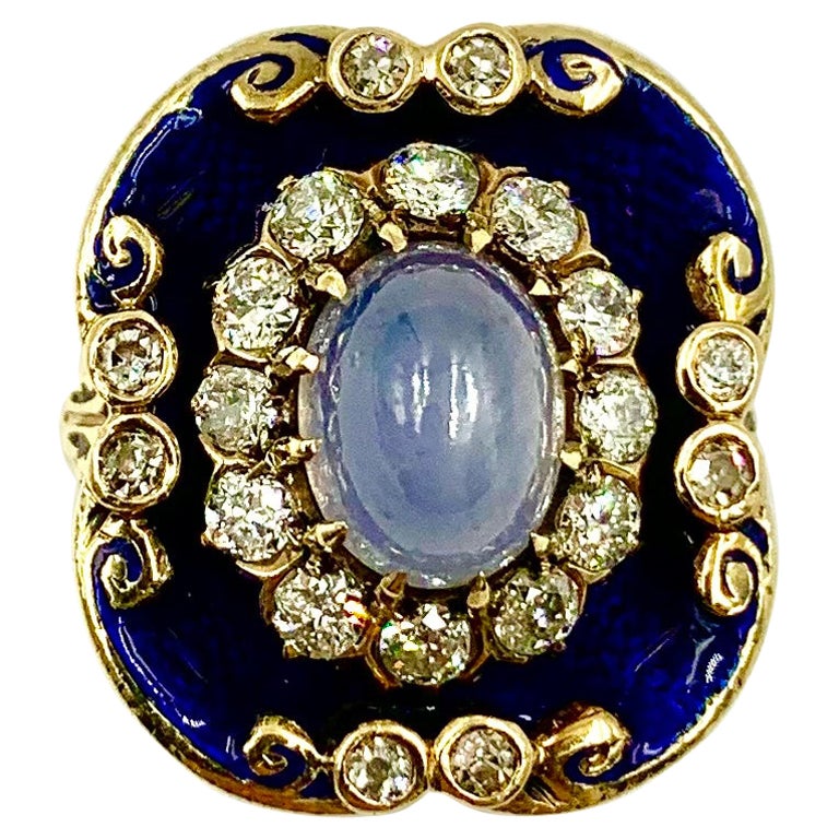 Bague ancienne en or 14K, saphir étoilé, diamant, émail guilloché Circa 1830