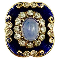 Antique Georgian Star Sapphire Diamond Guilloche Enamel 14K Gold Ring Circa 1830