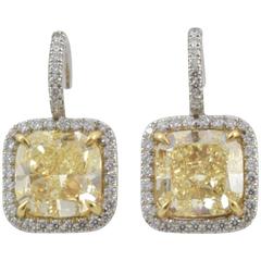 5.1 Carat Fancy Yellow Cushion Cut Diamond Gold Earrings 1