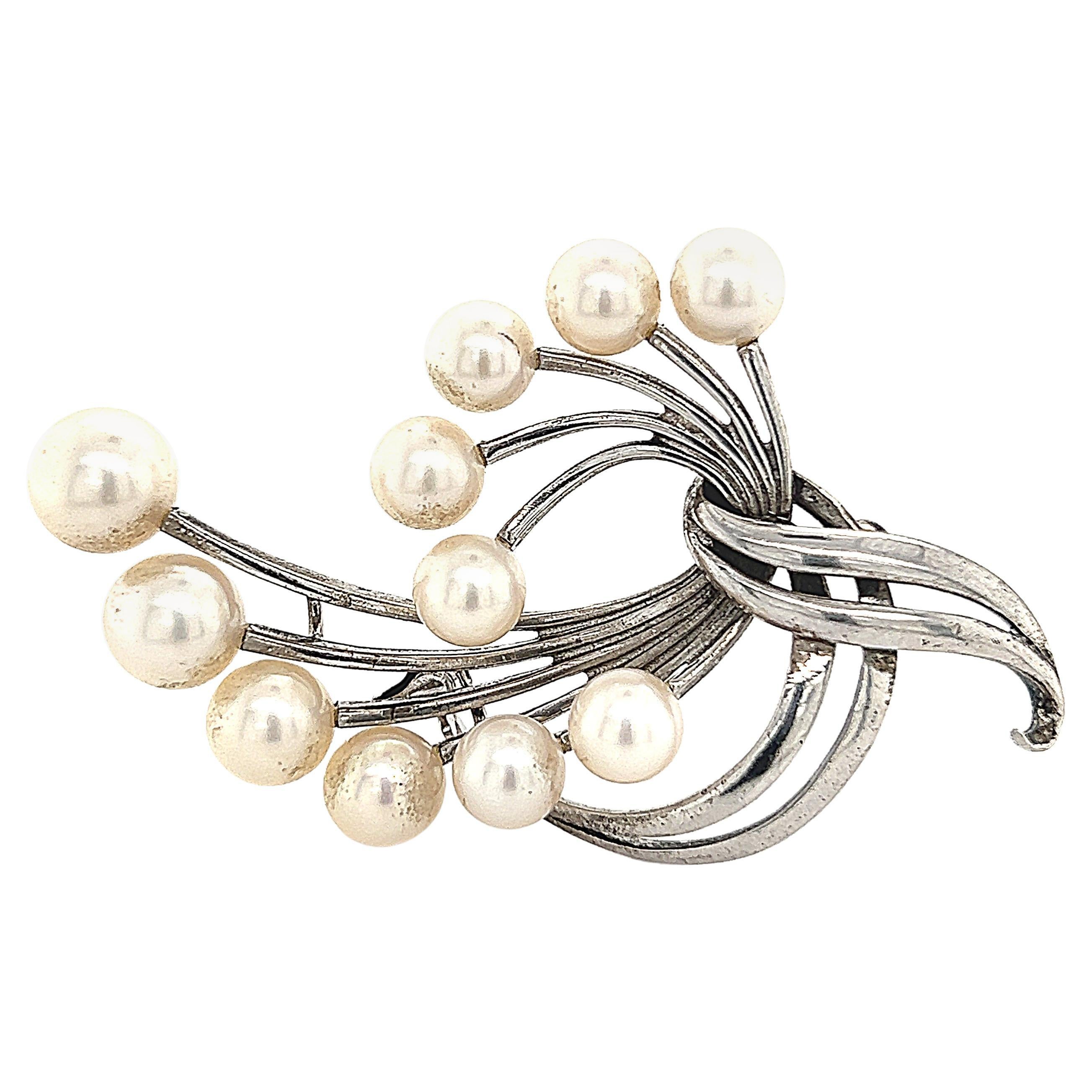 Mikimoto Estate Akoya Pearl Brooch Sterling Silver 6.6 mm 10.3g For Sale