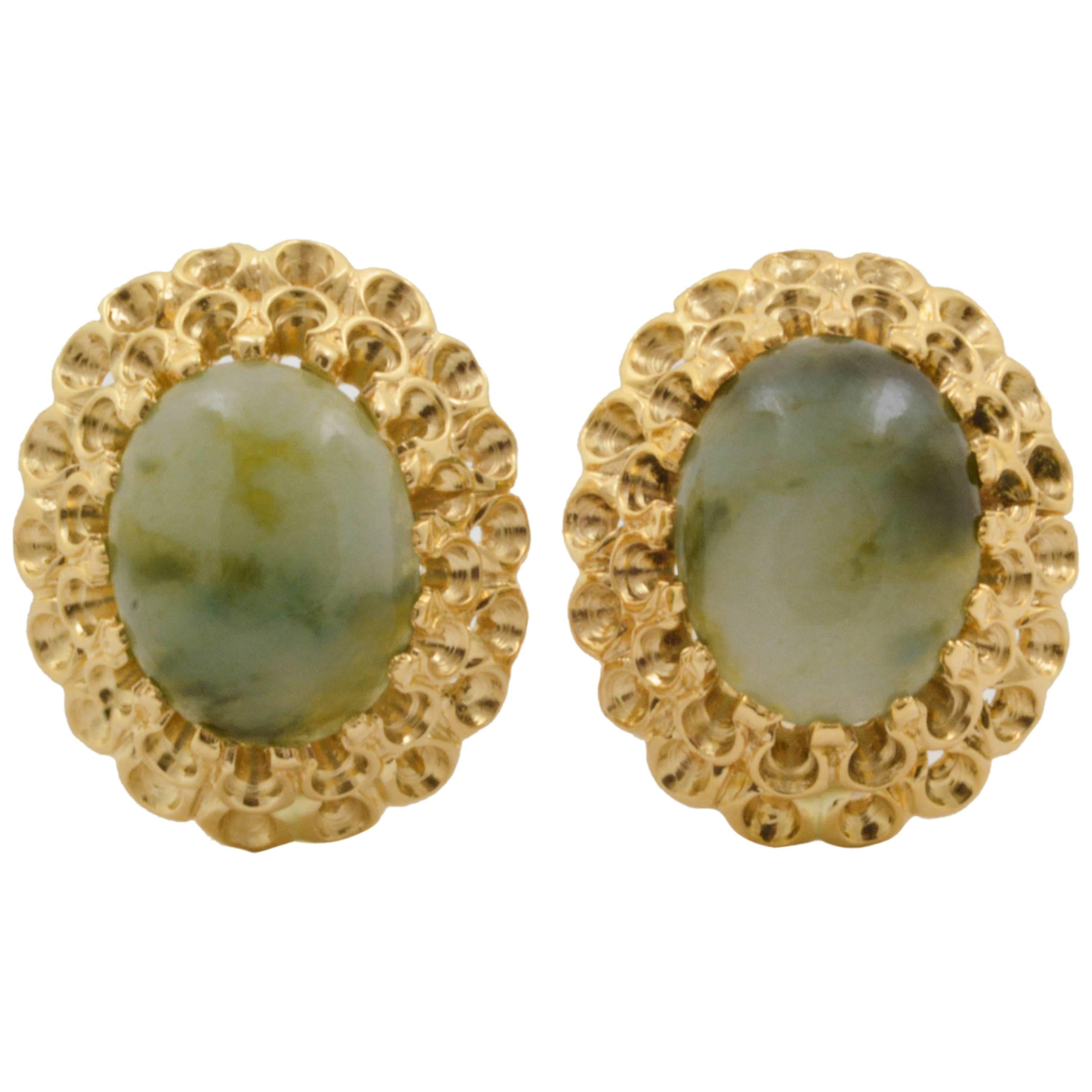 Cabochon Jade Gold Ruffle Clip Earrings