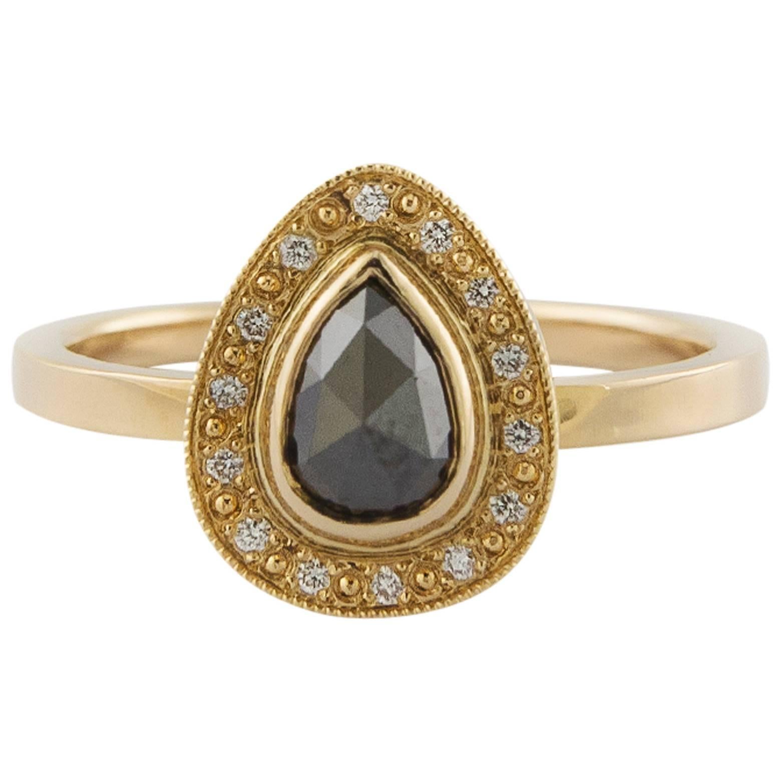0.30 Carat Pear Shaped Brown and Rose-Cut Diamond Gold Bezel Ring
