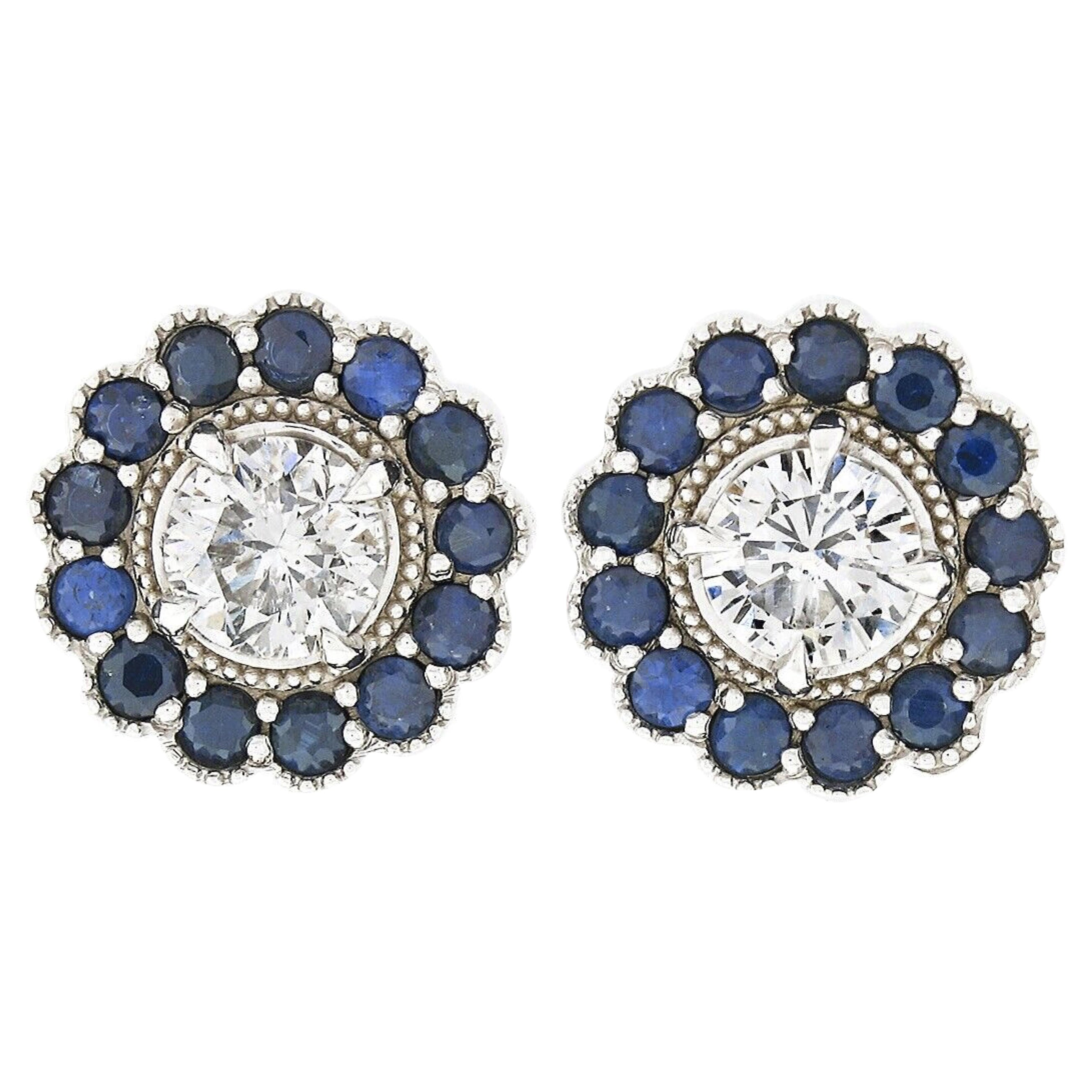 New 14k White Gold 1.51ct Diamond Sapphire Halo Milgrain Flower Cluster Earrings