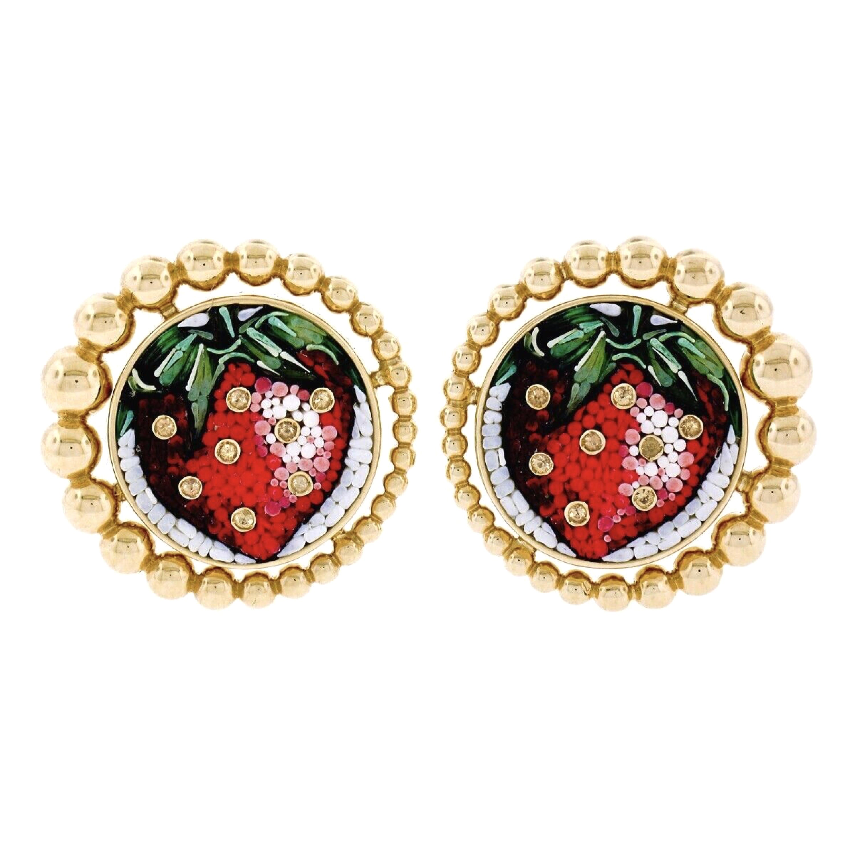 Sicis 18K Yellow Gold Micromosaic Strawberry w/ Yellow Sapphire Button Earrings For Sale