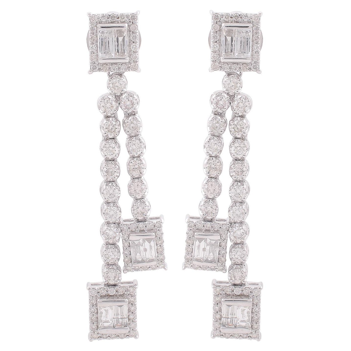 2.70 Carat SI/HI Baguette Diamond Dangle Earrings 18 Karat White Gold Jewelry