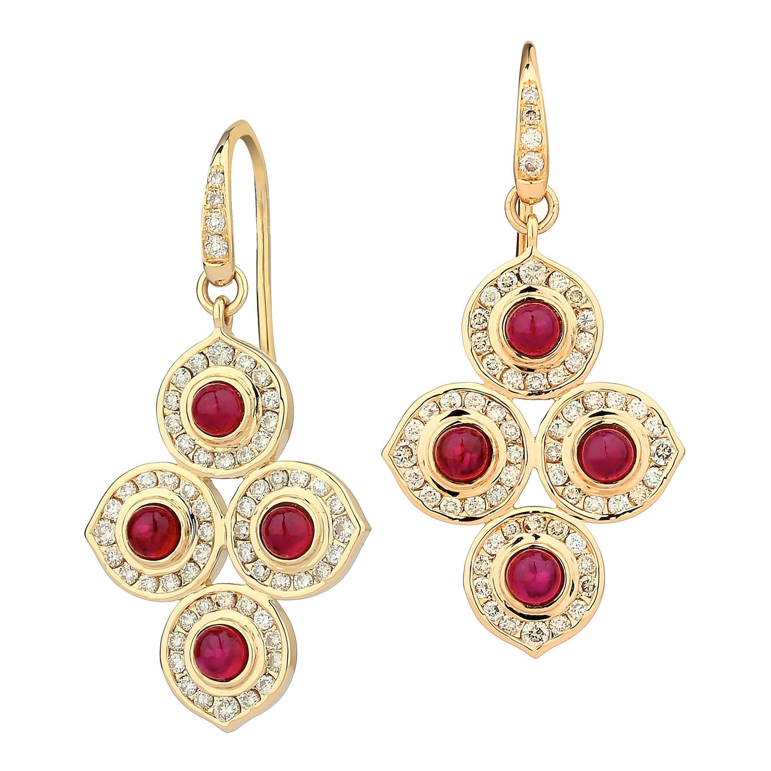 Syna Yellow Gold Earrings with Rubies and Diamonds For Sale