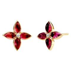 Syna Yellow Gold Rubellite Flower Earrings with Diamonds