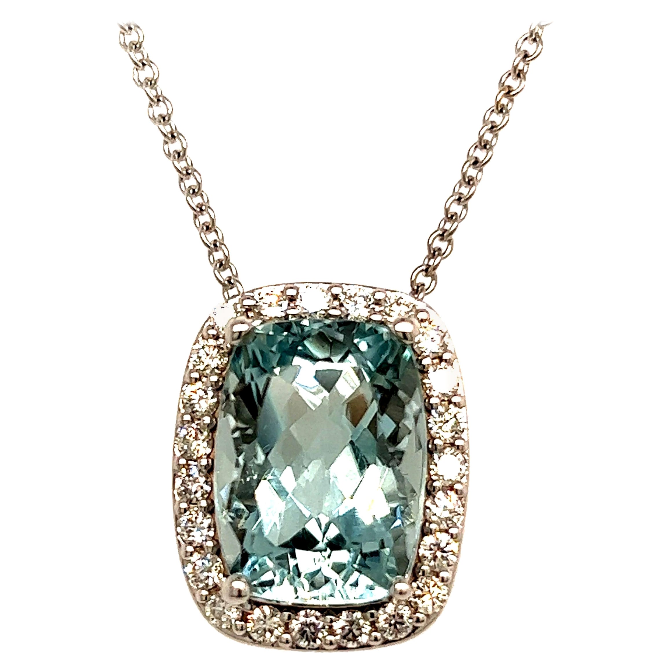 Diamond Aquamarine Pendant Necklace 14k Gold 8.37 TCW Certified For Sale