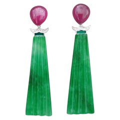 Art Deco Style Engraved Jade Green Enamel Rubies Gold Diamonds Dangle Earrings