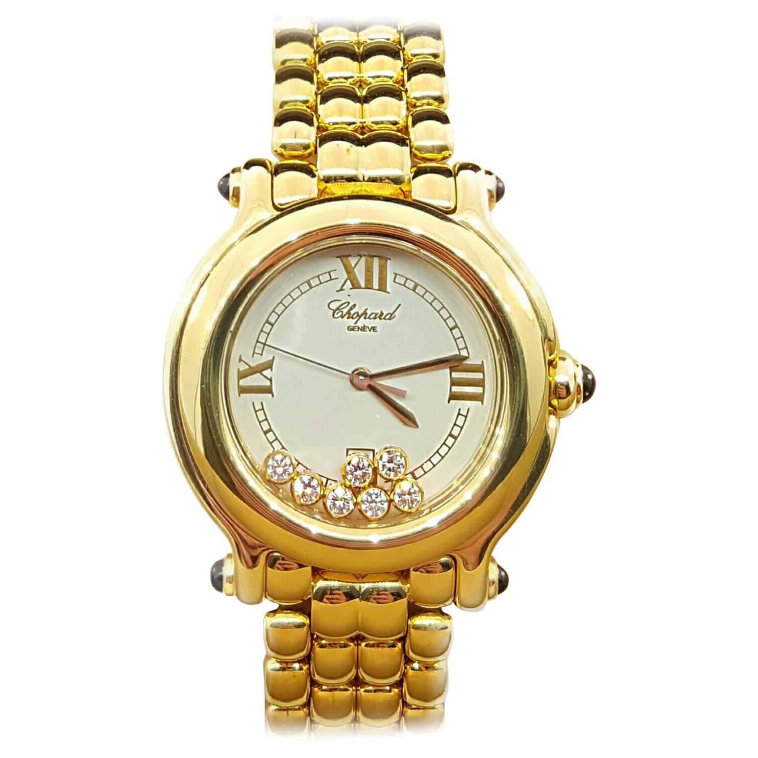 Chopard Yellow Gold Diamond Happy Sport Wristwatch