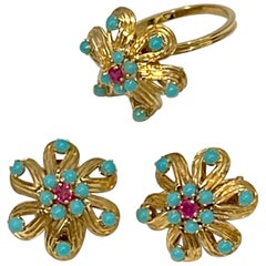 4 Ct Natural Turquoise & Ruby 18 Kt Yellow Gold Flower Ring & Earring Set 20Gm
