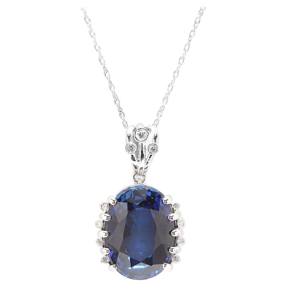 13.20Ct Lab Created Sapphire and Diamond 14K Solid White Gold Necklace (Collier en or blanc massif)
