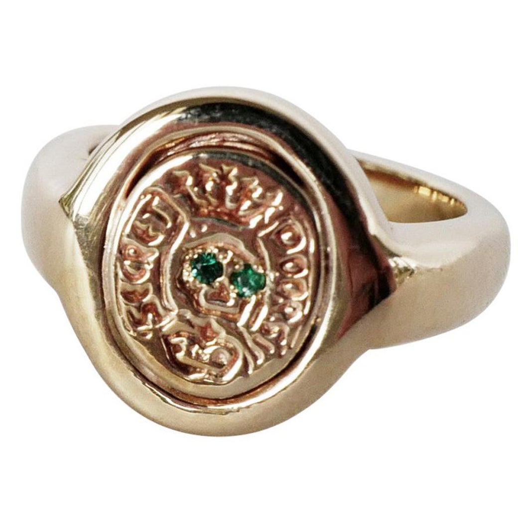 Emerald Crest Signet Ring Gold Skull Victorian Memento Mori Style J Dauphin For Sale