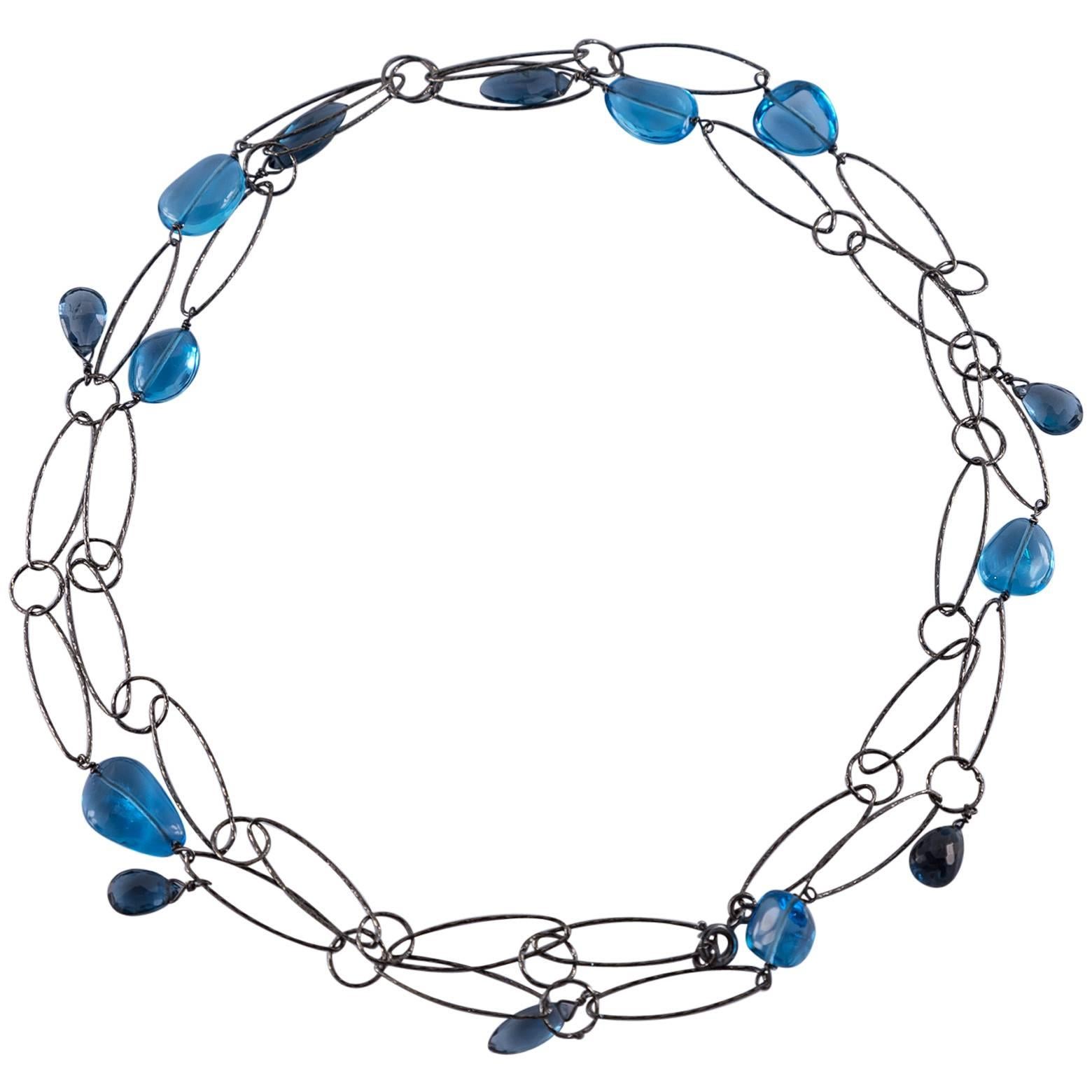 Mixed Tanzanites Kyanite Oxidized Sterling Silver Oval Link Necklace