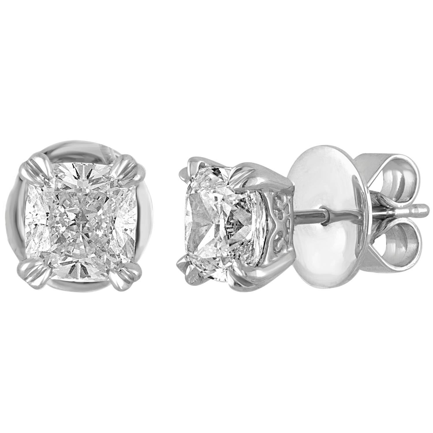 GIA Certified 2.46 Carats G VS1 Cushion Diamond Gold Stud Earrings For Sale