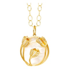 Syna Yellow Gold Mother of Pearl Water Lilies Pendant with Diamonds