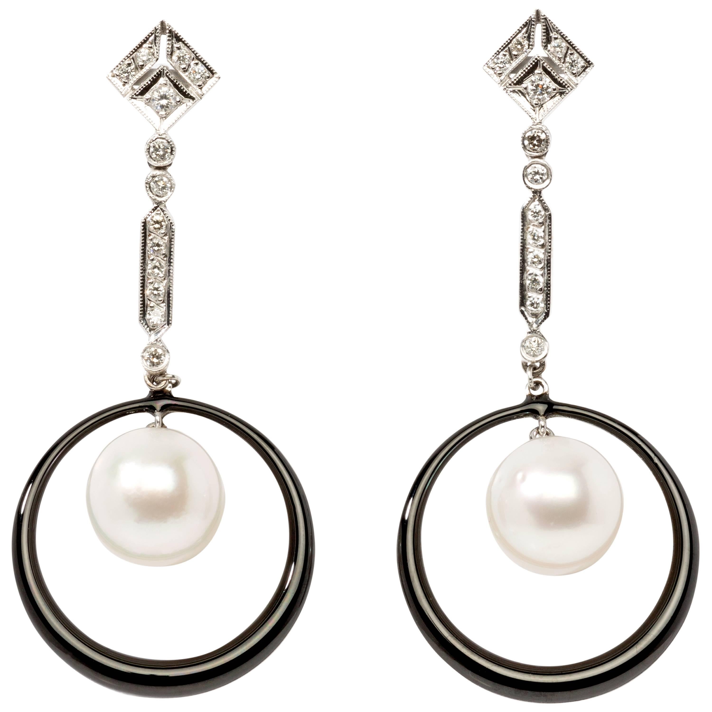 Enamel Pearl Diamond Gold Dangle Earrings For Sale