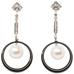 Enamel Pearl Diamond Gold Dangle Earrings