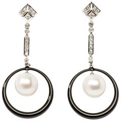 Enamel Pearl Diamond Gold Dangle Earrings 4
