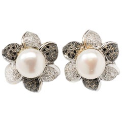 Vintage Flower Shape Pearl Diamond Stud Earrings