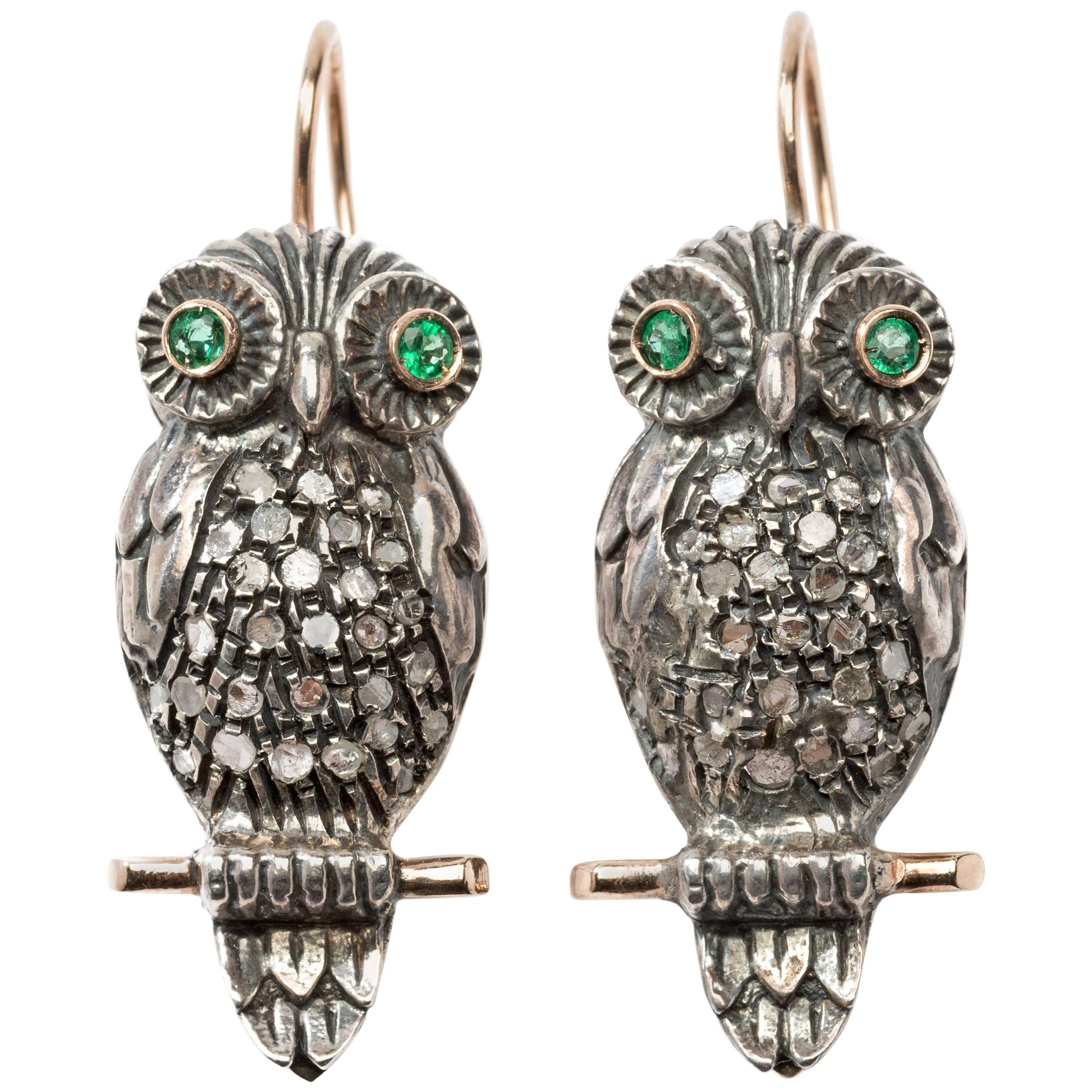 Emerald Diamond Silver Gold Stud Owl Earrings