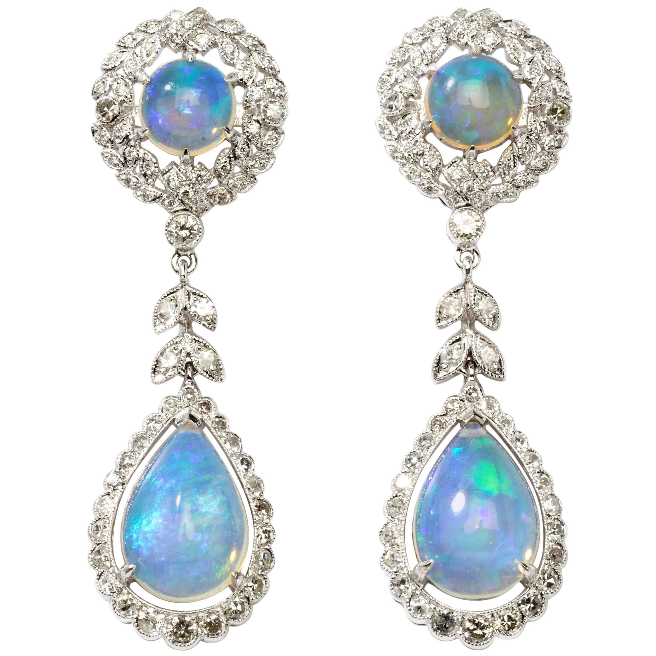 Opal Diamond White Gold Dangle Earrings