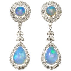 Vintage Opal Diamond White Gold Dangle Earrings