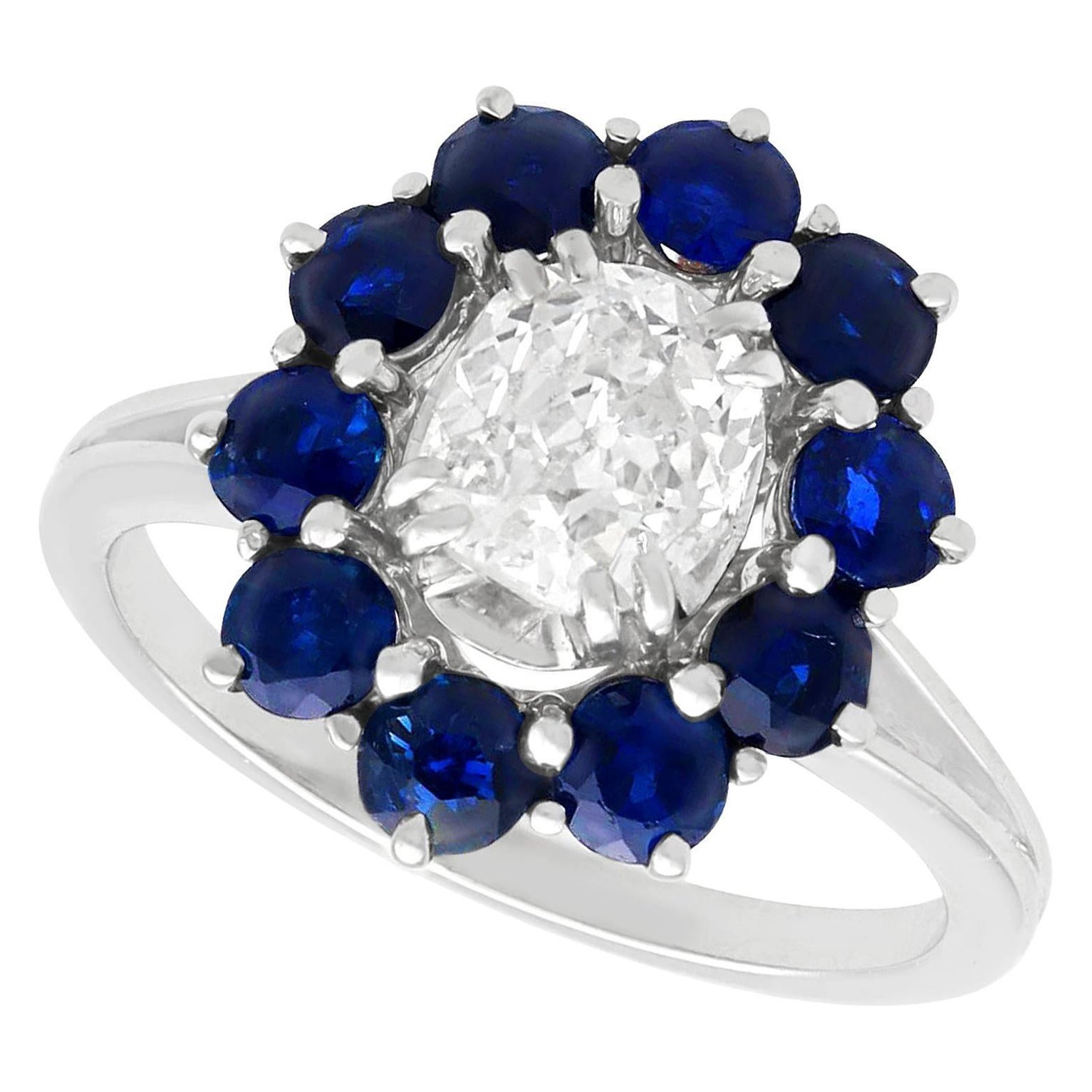 Vintage Sapphire and Diamond White Gold Cluster Ring, Circa 1960 For Sale