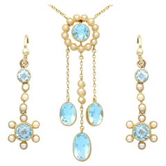 Antique 2.71 Carat Aquamarine and Pearl Yellow Gold Earring and Pendant Set
