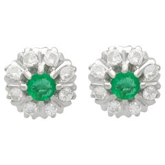 Retro 0.56 Carat Emerald and 0.65 Carat Diamond White Gold Cluster Earrings