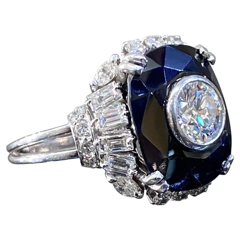 Mid-Century Diamond Blue Sapphire Ballerina Cocktail Ring Platinum 1950s/1960s For Sale