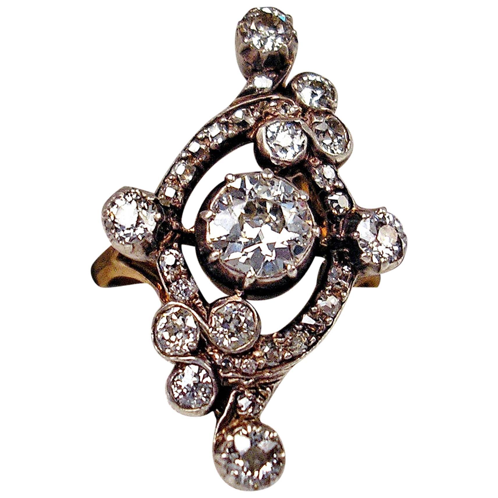 1900s Art Nouveau 2.10 Carats Diamonds Gold Ring Vienna