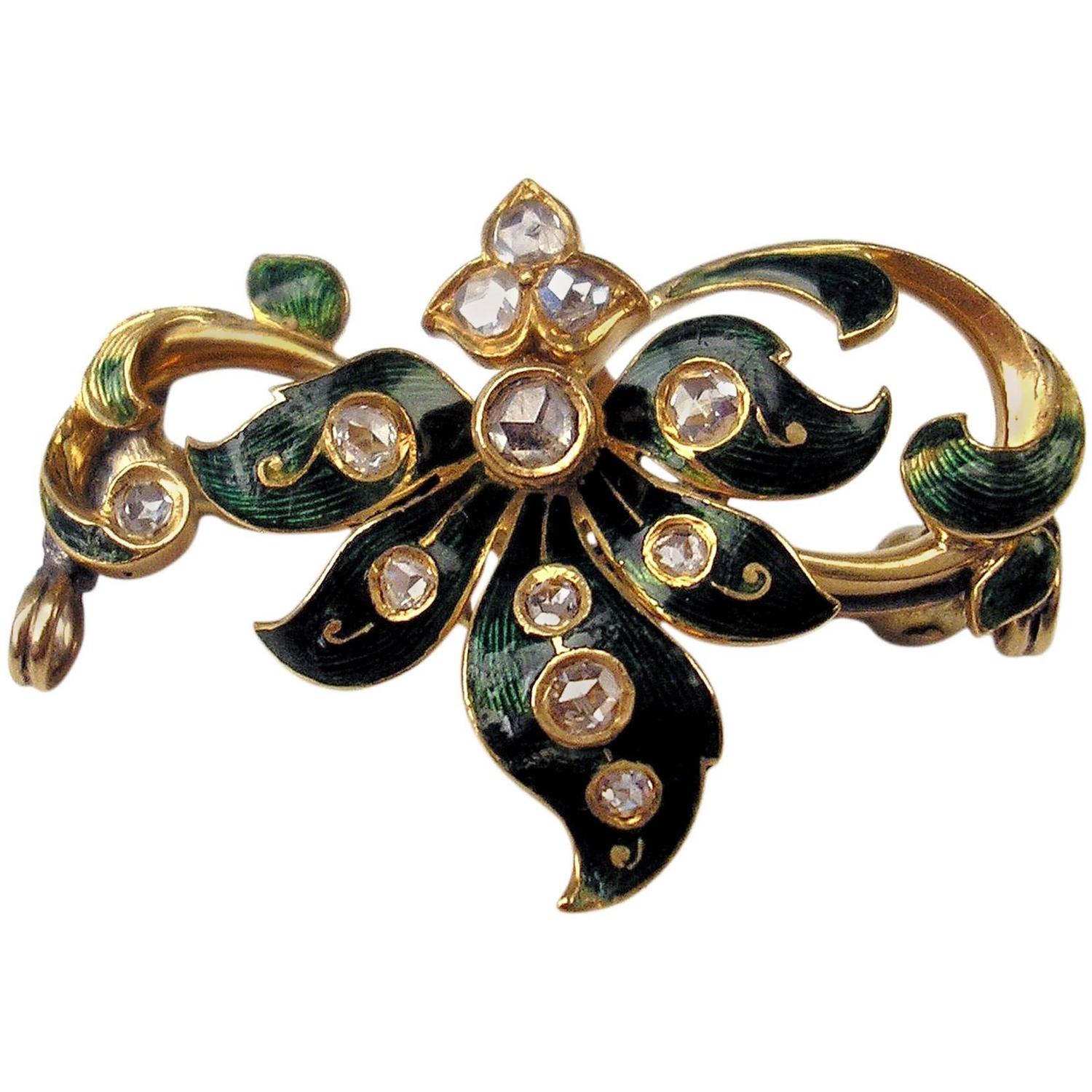 1900s Art Nouveau Enamel Diamond Gold Brooch Vienna Austria For Sale at