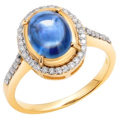 Ceylon Transparent Blue Cabochon Sapphire and Diamond Cluster Yellow Gold Ring