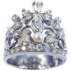 Pearl Diamond Gold Crown Ring 7