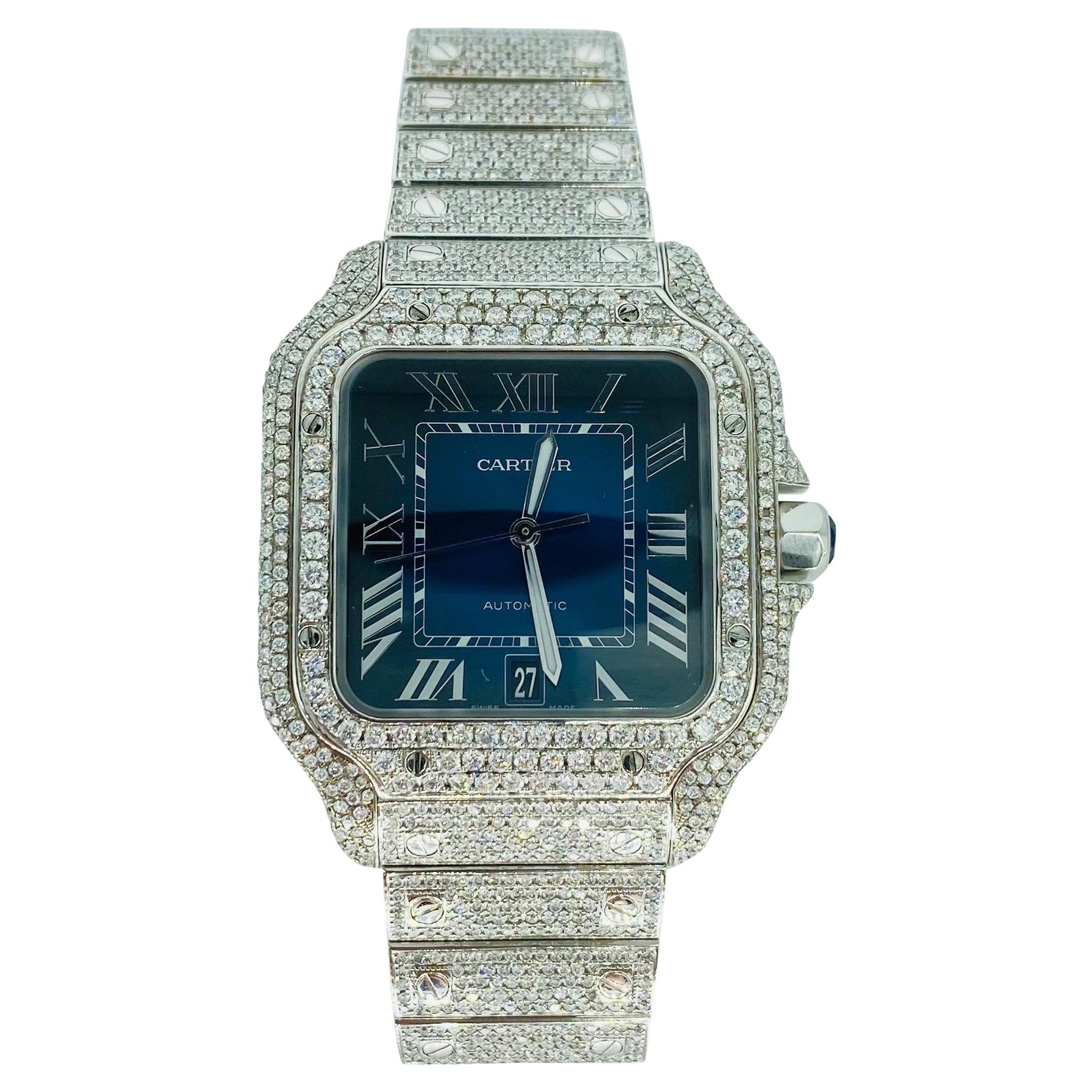 XL Cartier 20 Carat Diamonds Men’s Blue Face Date Dial Full Set Diamonds