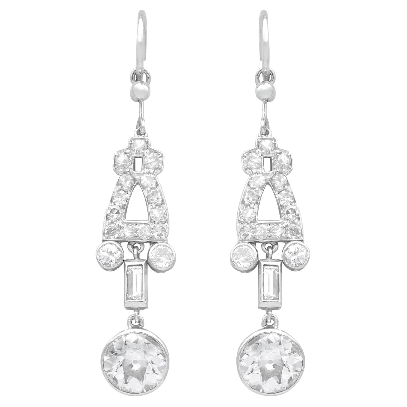 Antique Art Deco 3 Carat Diamond Drop Earrings in Platinum For Sale