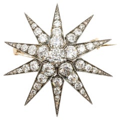 French Antique Diamond Silver and Gold Star Brooch, Circa 1880