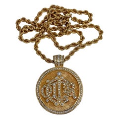1990s Vintage Christian Dior Gold Tone Rhinestone Logo Monogram Necklace