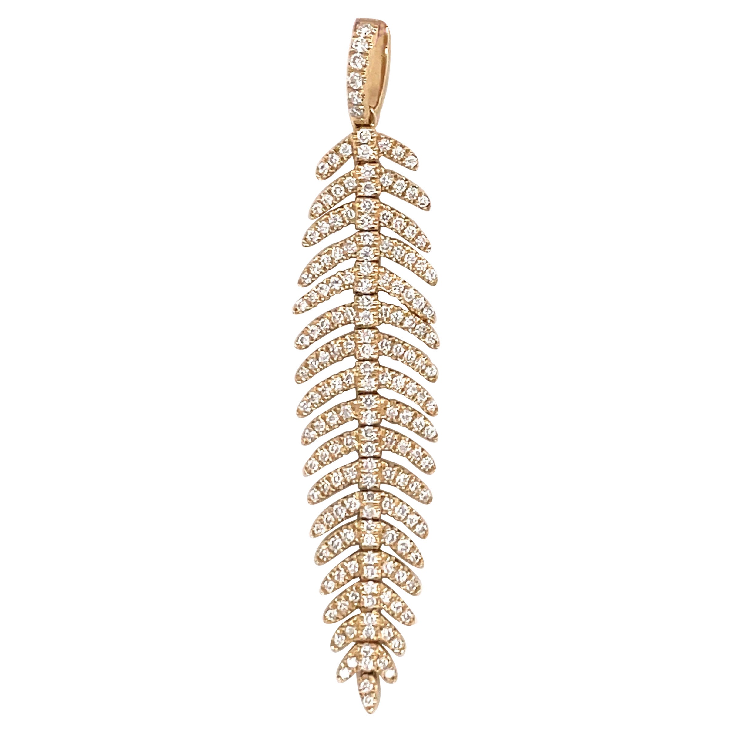 14 Karat Yellow Gold Diamond Feather Flexible Pendant 0.58 Carats For Sale