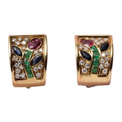 Pair of 18 Carat Gold Diamond, Sapphire, Ruby and Emerald Earrings