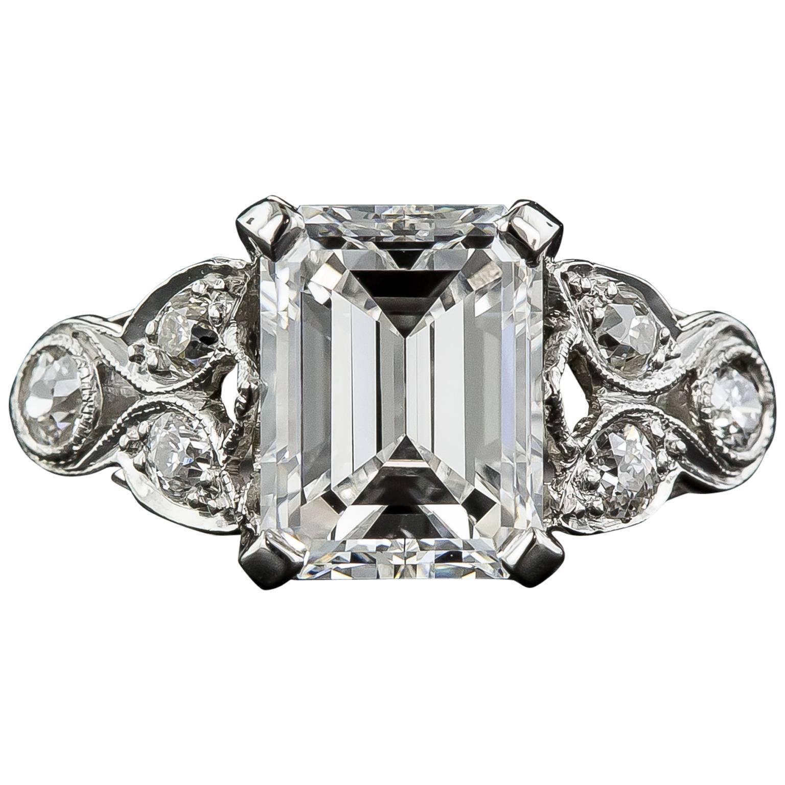 Art Deco 2.03 Carat GIA Cert Emerald Cut Diamond Engagement Ring 