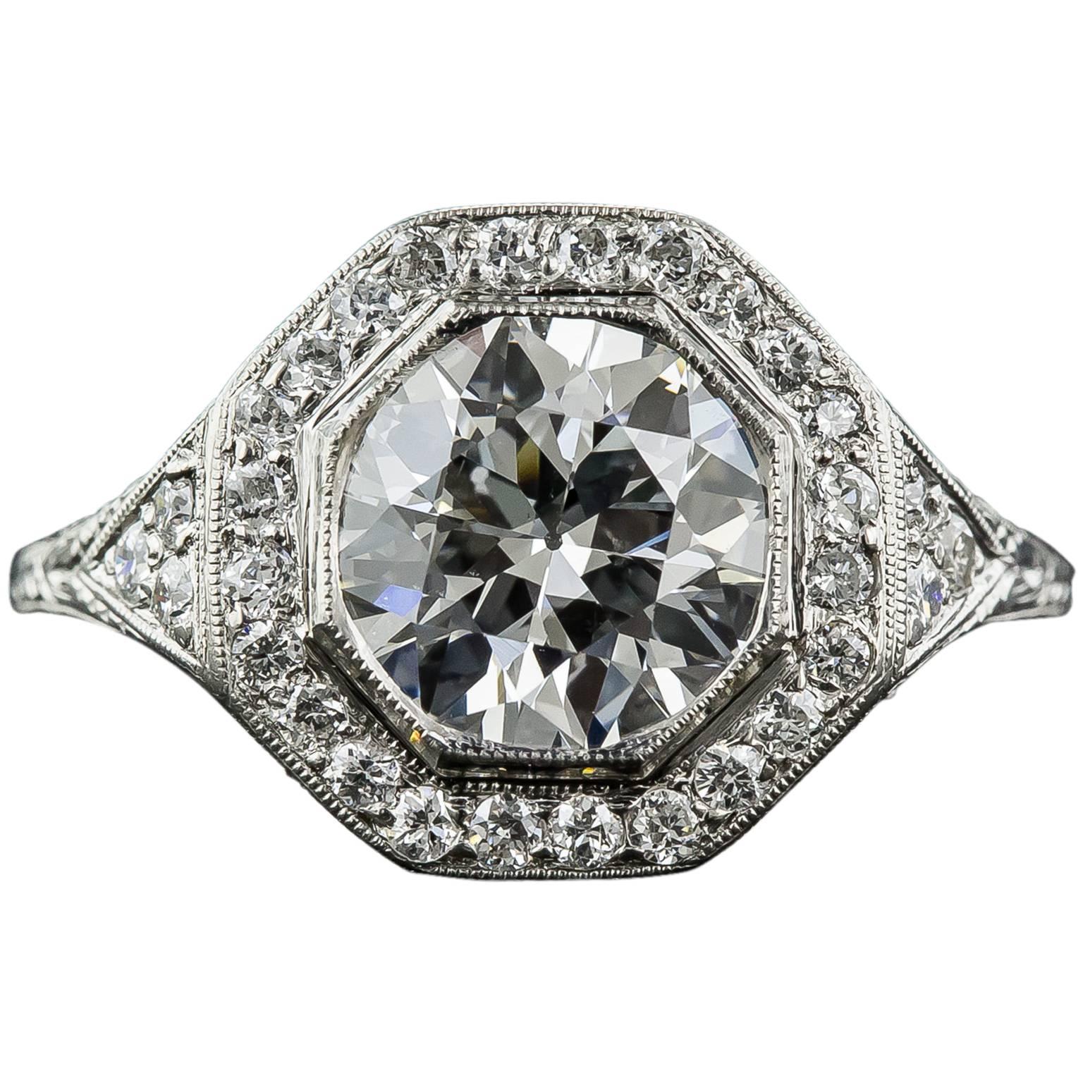 Art Deco 2.24 Carat GIA Cert Diamond Platinum Halo Engagement Ring 