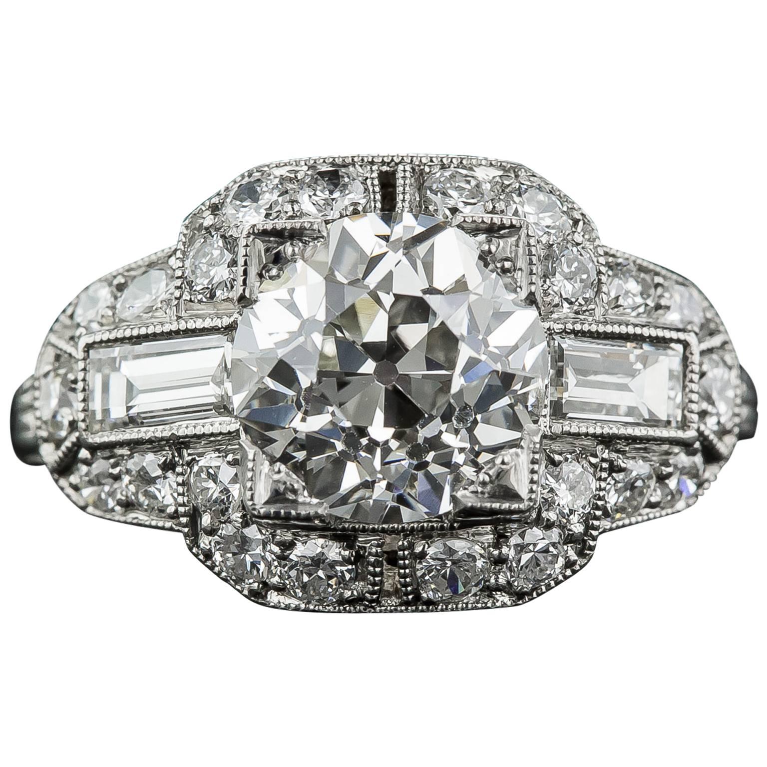 Art Deco 2.11 Carat GIA Cert Diamond Platinum Engagement Ring 
