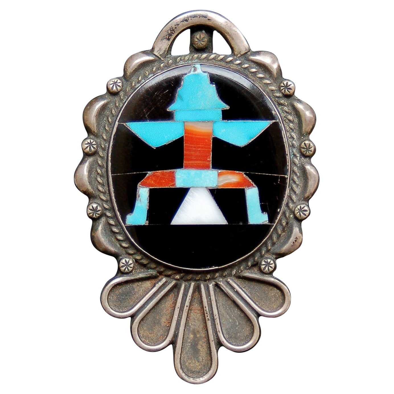 Historic John Gordon Leak Zuni Knife Wing Inlaid Pendant / Pin, 1938 For Sale